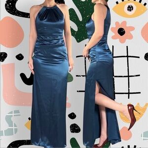 NWT✨ | Eliza J | Teal Satin Ruched Gown with Rhinestone Metal Halter Neckline